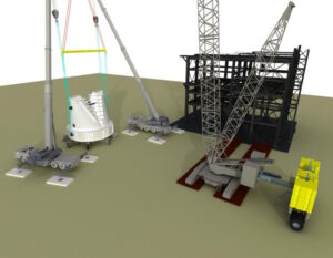 Movimentos de rotação, verticalização, içamento e montagem do silo