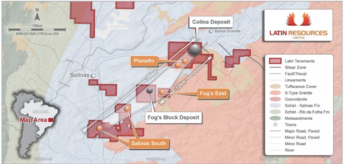 Planta de localização mostrando os depósitos Colina e Fog's Block e os prospectos Planalto e Salinas Sul-Latin Resources/Divulgação